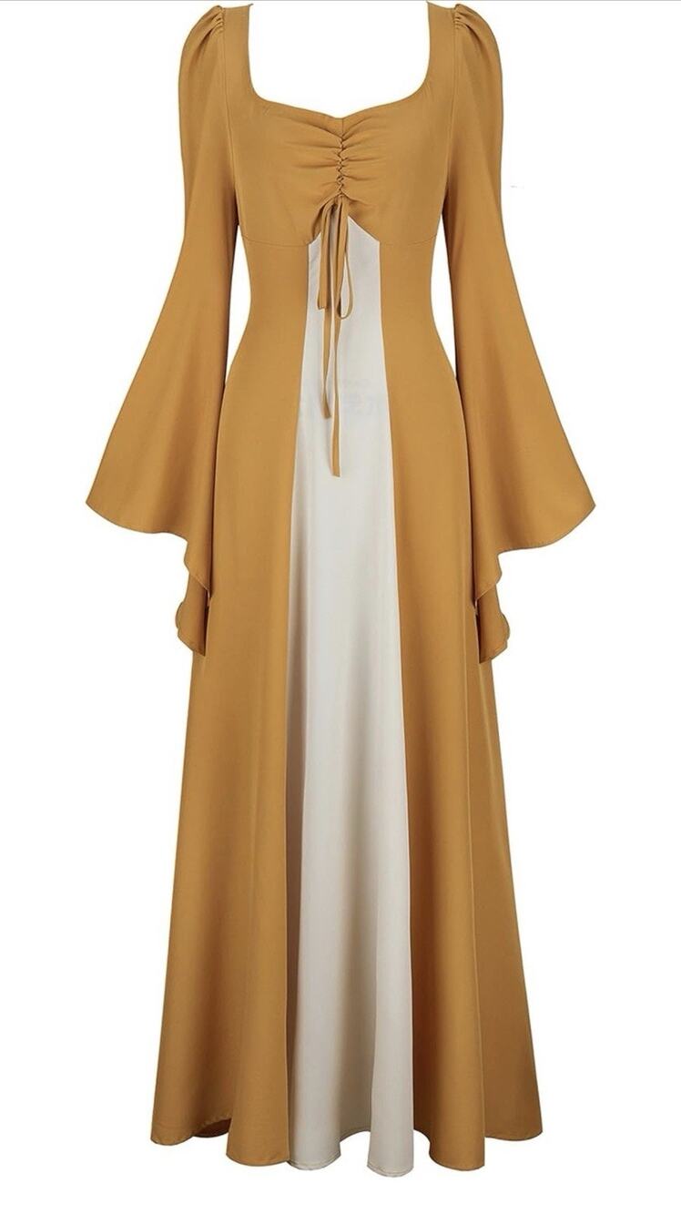 Women's Medieval Maxi Dress w/Ruched Front & Bell Sleeves, Floor-length cosplay